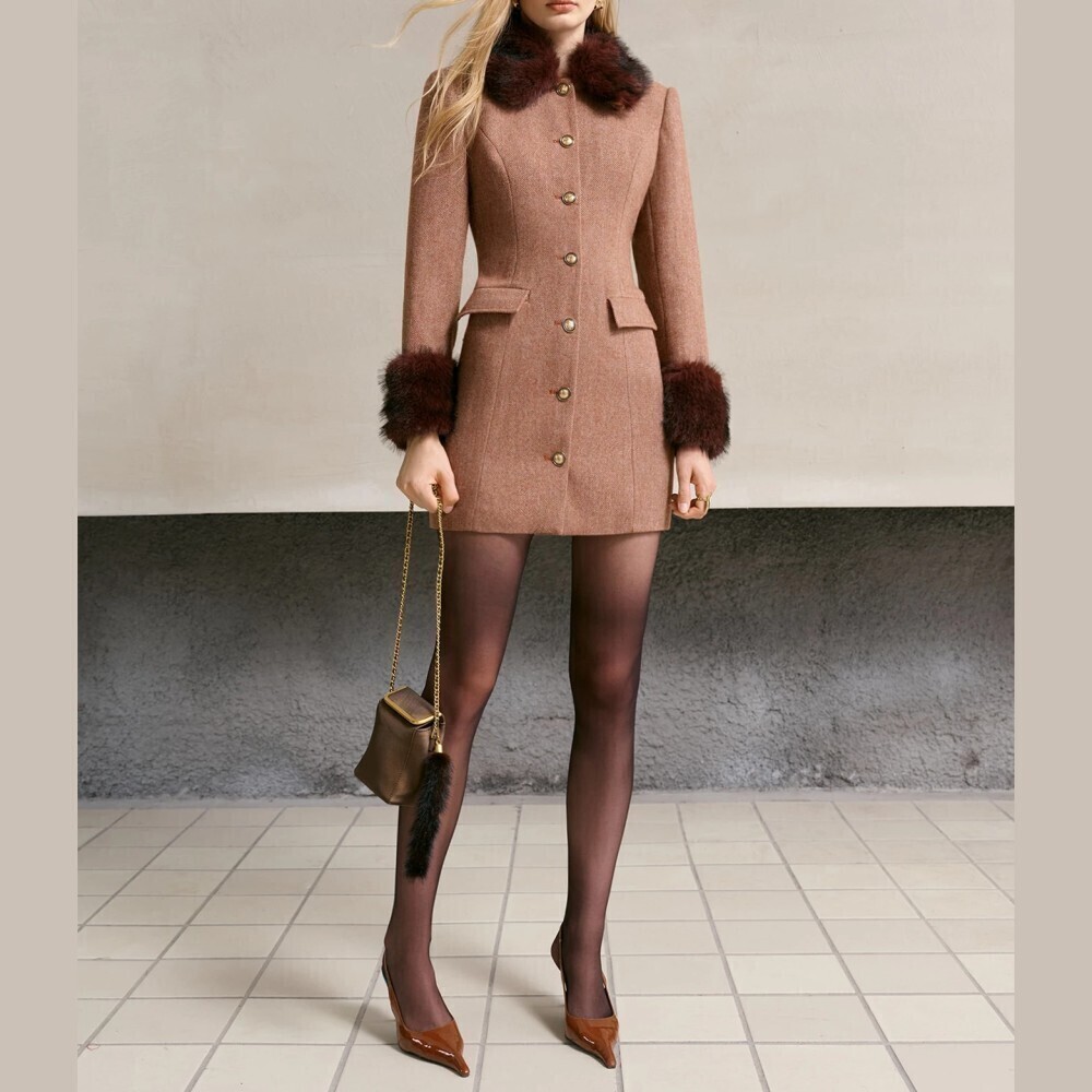 Camel Tweed Faux Fur Trim Button Front Mini Coat Dress